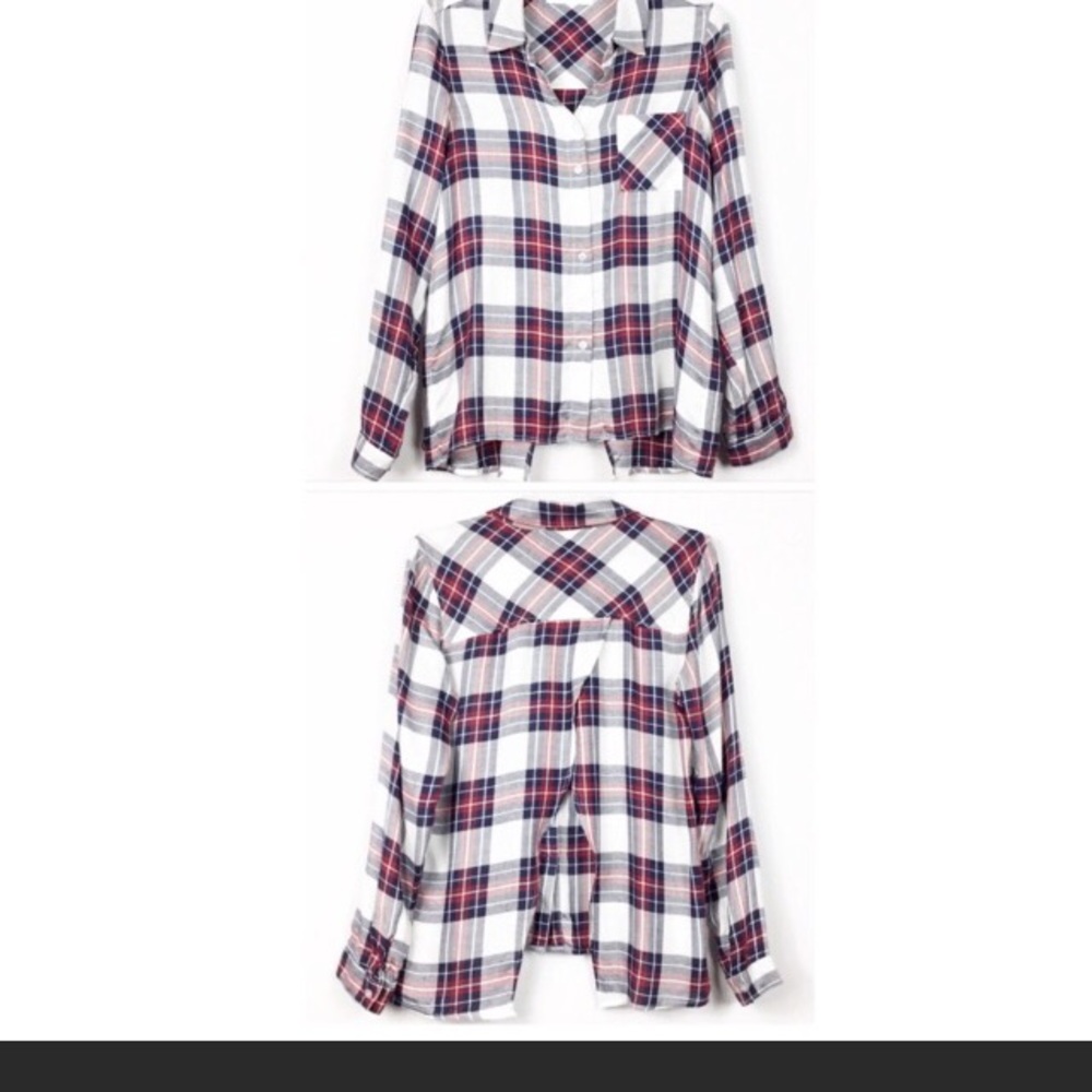 Fever Plaid Split Back Butterfly Button down Top